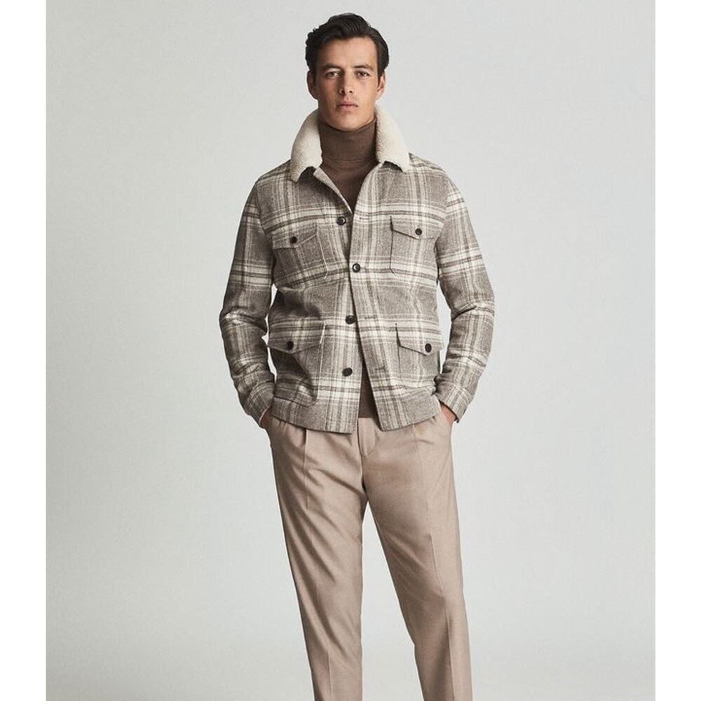 NWOT Reiss Marathon Sherpa Collar Checked Wool Blend Jacket Grey Plaid Men’s S